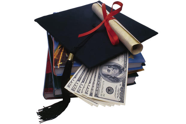 college books, graduation cap, money