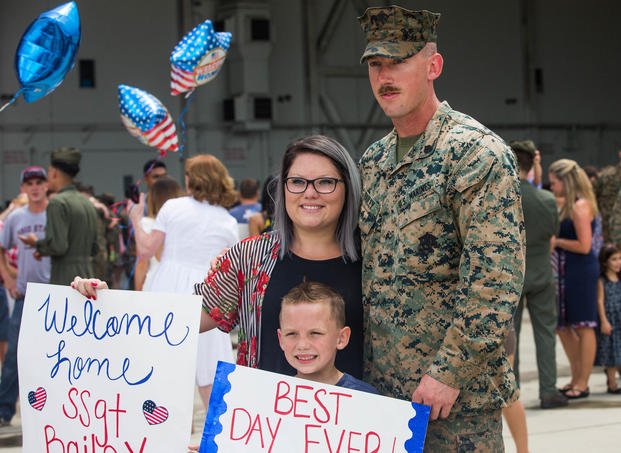 U.S. Marines with 2nd Marine Aircraft Wing (MAW) attached to the 26th Marine Expeditionary Unit (MEU) are welcomed home on Marine Corps Air Station New River, North Carolina. (U.S. Marine Corps/Jailine L. Martinez)