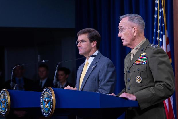 U.S. Secretary of Defense Dr. Mark T. Esper speaks to members of the press during his first joint press conference with Chairman of the Joint Chief of Staff Gen. Joseph F. Dunford at the Pentagon, Washington, D.C., Aug. 28, 2019. (DoD/Staff Sgt. Nicole Mejia)
