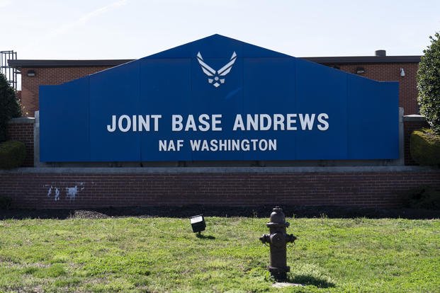 The sign for Joint Base Andrews at at Andrews Air Force Base, Maryland. 