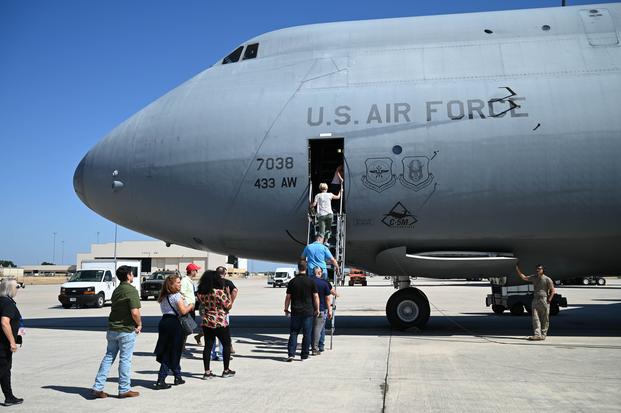 Employers nominated to participate in the Employer Support of the Guard and Reserve Bosslift program board a C-5M Super Galaxy at Joint Base San Antonio-Lackland