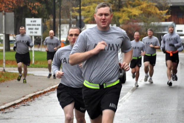 U.S. Army soldiers assigned to the Defense Department's George C. Marshall European Center for Security Studies in Germany run a portion of the 2-mile run for the Army Physical Fitness Test.