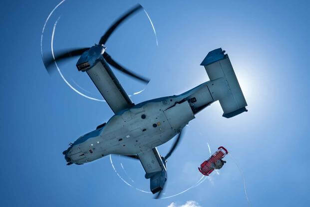 Medical evacuation exercise during training with a CV-22 Osprey