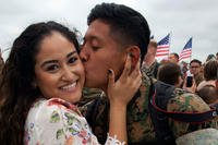 A Marine with Marine Fighter Attack Squadron (VMFA) 232 “Red Devils” reunites with his wife during a homecoming ceremony at Marine Corps Air Station Miramar, California. (U.S. Marine/Shakima DePrince)