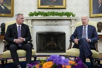 President Joe Biden meets with House Speaker Kevin McCarthy (R-Calif.) to discuss the debt limit in the Oval Office of the White House in Washington.