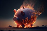 An illustration of a piggy bank covered in flames against a darkened backdrop