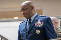 Chairman of the Joint Chiefs of Staff Air Force Gen. CQ Brown arrives for a classified briefing for senators on the situation in the Middle East at the Capitol in Washington.