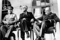 President Franklin Delano Roosevelt almost did not make it to the Tehran Conference in 1943 – his first-ever meeting with Soviet Union Premier Joseph Stalin, left, and British Prime Minister Winston Churchill – because of a mishap involving a U.S. battleship and an accidentally launched torpedo.