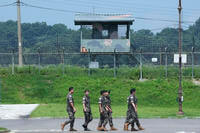 South Korean army soldiers pass by a military guard post at the Imjingak Pavilion in Paju, South Korea