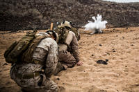 U.S. Marines with the Maritime Raid Force (MRF), 11th Marine Expeditionary Unit, detonate a water charge on a mock-up of a steel door during a demolition range conducted at Arta Beach, Djibouti, Feb. 6. Cpl. Devan K. Gowans/Marine Corps